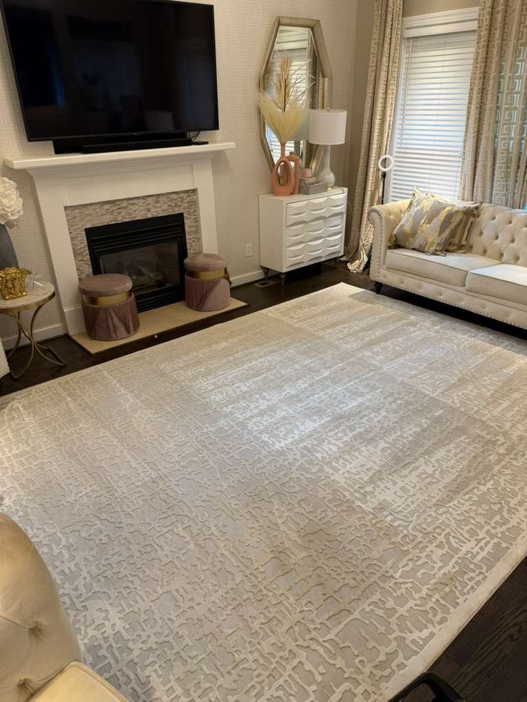 A patterned area rug in an upscale living room, freshly cleaned and drying under an air mover